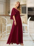 Clara A-Line V-neck Floor-Length Bridesmaid Dress With Ruffle STAP0012769