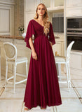 Clara A-Line V-neck Floor-Length Bridesmaid Dress With Ruffle STAP0012769