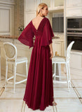 Clara A-Line V-neck Floor-Length Bridesmaid Dress With Ruffle STAP0012769