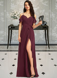 Madyson A-Line V-neck Floor-Length Bridesmaid Dress With Ruffle Split Front STAP0012772