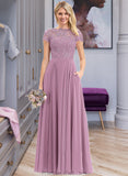 Magdalena A-Line Scoop Neck Floor-Length Chiffon Lace Bridesmaid Dress With Pockets STAP0012776