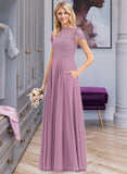 Magdalena A-Line Scoop Neck Floor-Length Chiffon Lace Bridesmaid Dress With Pockets STAP0012776