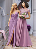 Magdalena A-Line Scoop Neck Floor-Length Chiffon Lace Bridesmaid Dress With Pockets STAP0012776