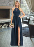 Aylin A-Line Scoop Neck Floor-Length Chiffon Lace Bridesmaid Dress With Split Front STAP0012778