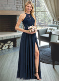 Aylin A-Line Scoop Neck Floor-Length Chiffon Lace Bridesmaid Dress With Split Front STAP0012778