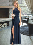 Aylin A-Line Scoop Neck Floor-Length Chiffon Lace Bridesmaid Dress With Split Front STAP0012778