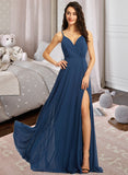 Anahi A-Line V-neck Floor-Length Bridesmaid Dress With Split Front STAP0012780