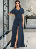 Annie A-Line V-neck Floor-Length Bridesmaid Dress With Split Front STAP0012781