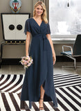 Sage A-Line V-neck Asymmetrical Chiffon Bridesmaid Dress With Bow(s) STAP0012783