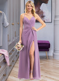 Makena A-Line V-neck Floor-Length Chiffon Bridesmaid Dress With Ruffle Split Front STAP0012784