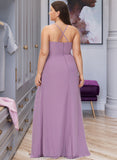 Makena A-Line V-neck Floor-Length Chiffon Bridesmaid Dress With Ruffle Split Front STAP0012784