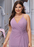 Makena A-Line V-neck Floor-Length Chiffon Bridesmaid Dress With Ruffle Split Front STAP0012784