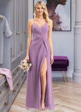 Makena A-Line V-neck Floor-Length Chiffon Bridesmaid Dress With Ruffle Split Front STAP0012784