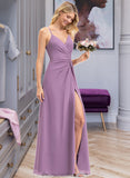 Makena A-Line V-neck Floor-Length Chiffon Bridesmaid Dress With Ruffle Split Front STAP0012784