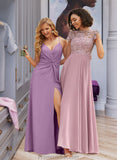 Makena A-Line V-neck Floor-Length Chiffon Bridesmaid Dress With Ruffle Split Front STAP0012784