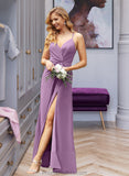 Makena A-Line V-neck Floor-Length Chiffon Bridesmaid Dress With Ruffle Split Front STAP0012784