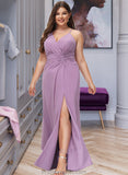 Makena A-Line V-neck Floor-Length Chiffon Bridesmaid Dress With Ruffle Split Front STAP0012784