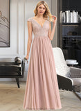 Eileen A-line V-Neck Floor-Length Chiffon Lace Bridesmaid Dress STAP0012786