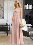 Eileen A-line V-Neck Floor-Length Chiffon Lace Bridesmaid Dress STAP0012786