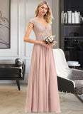 Eileen A-line V-Neck Floor-Length Chiffon Lace Bridesmaid Dress STAP0012786