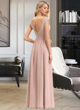 Eileen A-line V-Neck Floor-Length Chiffon Lace Bridesmaid Dress STAP0012786