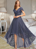 Nola A-Line V-neck Asymmetrical Chiffon Bridesmaid Dress With Ruffle Lace STAP0012788