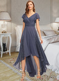 Nola A-Line V-neck Asymmetrical Chiffon Bridesmaid Dress With Ruffle Lace STAP0012788