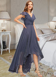 Nola A-Line V-neck Asymmetrical Chiffon Bridesmaid Dress With Ruffle Lace STAP0012788