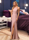 Willa A-Line High Neck Floor-Length Bridesmaid Dress With Lace Split Front STAP0012791