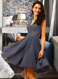 Kendal A-Line V-neck Knee-Length Chiffon Bridesmaid Dress With Beading STAP0012800