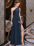 Kayden A-Line One-Shoulder Floor-Length Chiffon Lace Bridesmaid Dress With Split Front STAP0012808