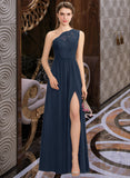 Kayden A-Line One-Shoulder Floor-Length Chiffon Lace Bridesmaid Dress With Split Front STAP0012808