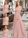 April A-Line One-Shoulder Halter V-neck Floor-Length Chiffon Bridesmaid Dress With Ruffle STAP0012813