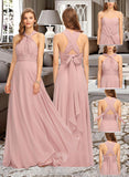 April A-Line One-Shoulder Halter V-neck Floor-Length Chiffon Bridesmaid Dress With Ruffle STAP0012813