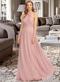 April A-Line One-Shoulder Halter V-neck Floor-Length Chiffon Bridesmaid Dress With Ruffle STAP0012813