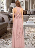 April A-Line One-Shoulder Halter V-neck Floor-Length Chiffon Bridesmaid Dress With Ruffle STAP0012813