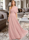 April A-Line One-Shoulder Halter V-neck Floor-Length Chiffon Bridesmaid Dress With Ruffle STAP0012813