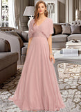 April A-Line One-Shoulder Halter V-neck Floor-Length Chiffon Bridesmaid Dress With Ruffle STAP0012813