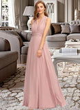 April A-Line One-Shoulder Halter V-neck Floor-Length Chiffon Bridesmaid Dress With Ruffle STAP0012813