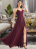 Seraphina A-Line V-neck Floor-Length Bridesmaid Dress With Ruffle Split Front STAP0012815