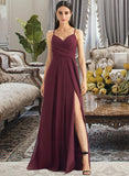 Seraphina A-Line V-neck Floor-Length Bridesmaid Dress With Ruffle Split Front STAP0012815