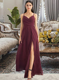 Seraphina A-Line V-neck Floor-Length Bridesmaid Dress With Ruffle Split Front STAP0012815