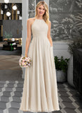 Justice A-Line Scoop Neck Floor-Length Chiffon Lace Bridesmaid Dress With Pockets STAP0012817