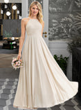 Justice A-Line Scoop Neck Floor-Length Chiffon Lace Bridesmaid Dress With Pockets STAP0012817