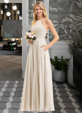 Justice A-Line Scoop Neck Floor-Length Chiffon Lace Bridesmaid Dress With Pockets STAP0012817