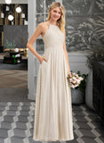 Justice A-Line Scoop Neck Floor-Length Chiffon Lace Bridesmaid Dress With Pockets STAP0012817