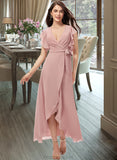 Gabriella A-line V-Neck Asymmetrical Chiffon Bridesmaid Dress With Ruffle STAP0012818