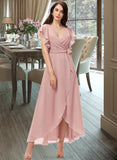 Gabriella A-line V-Neck Asymmetrical Chiffon Bridesmaid Dress With Ruffle STAP0012818