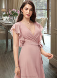 Gabriella A-line V-Neck Asymmetrical Chiffon Bridesmaid Dress With Ruffle STAP0012818