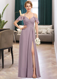 Ida A-Line V-neck Floor-Length Chiffon Bridesmaid Dress With Ruffle Split Front Cascading Ruffles STAP0012822